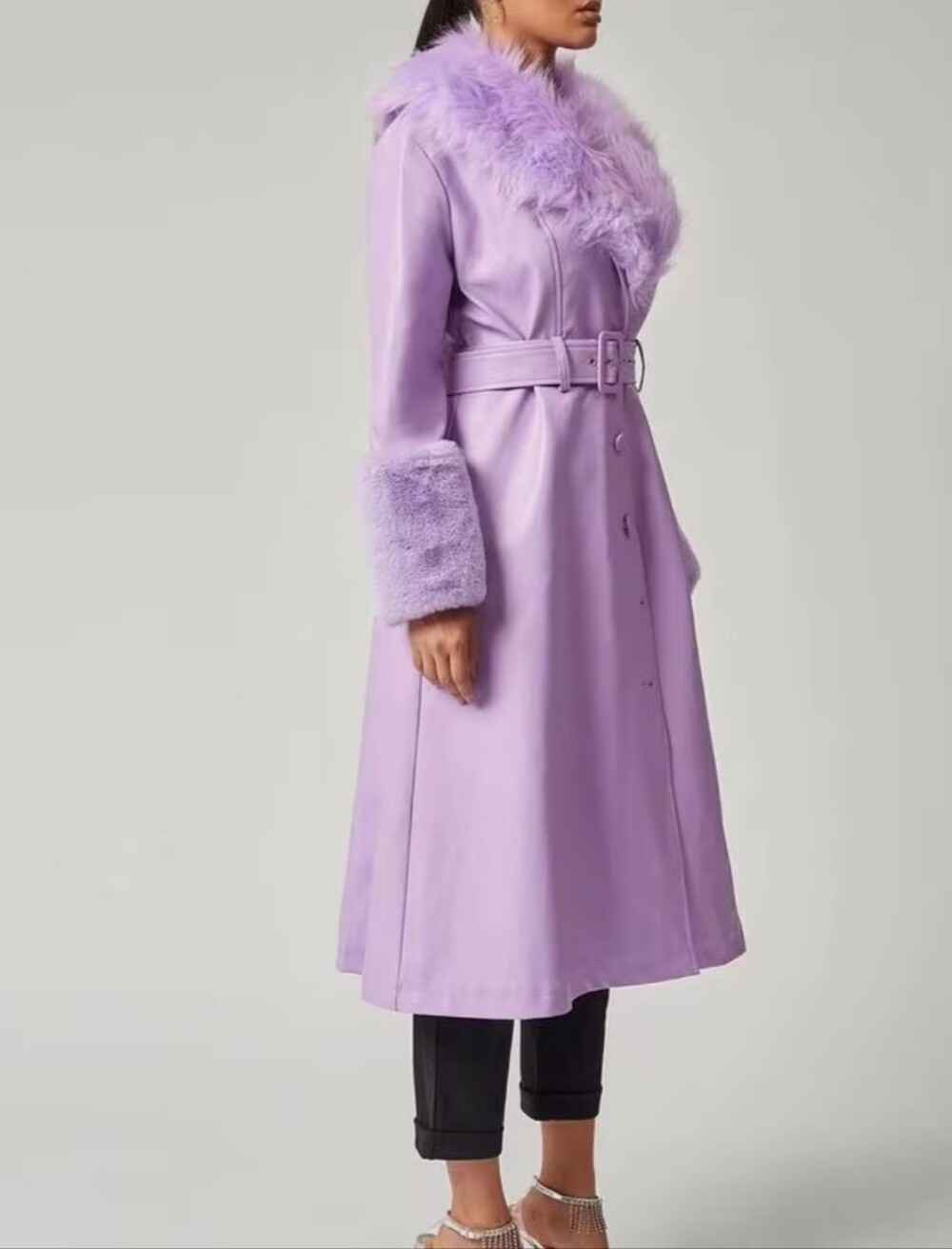 Lavender Lilac Faux Fur Detail Midi Length Trench Coat